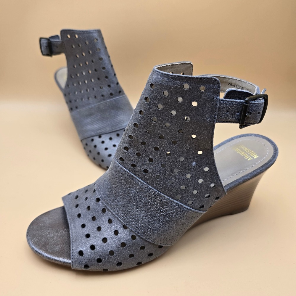 Johnston & Murphy Grey Suede Perforated Wedge Sandals 8M 78-41506 Made in Brazil